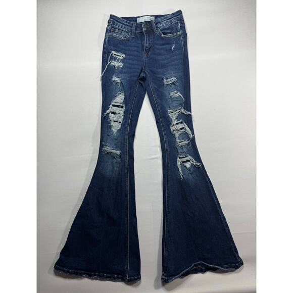 Bridge by Gly Women's Mid Rise Super Flare Distressed Denim Jeans - Size 24x31.5 - Picture 1 of 5